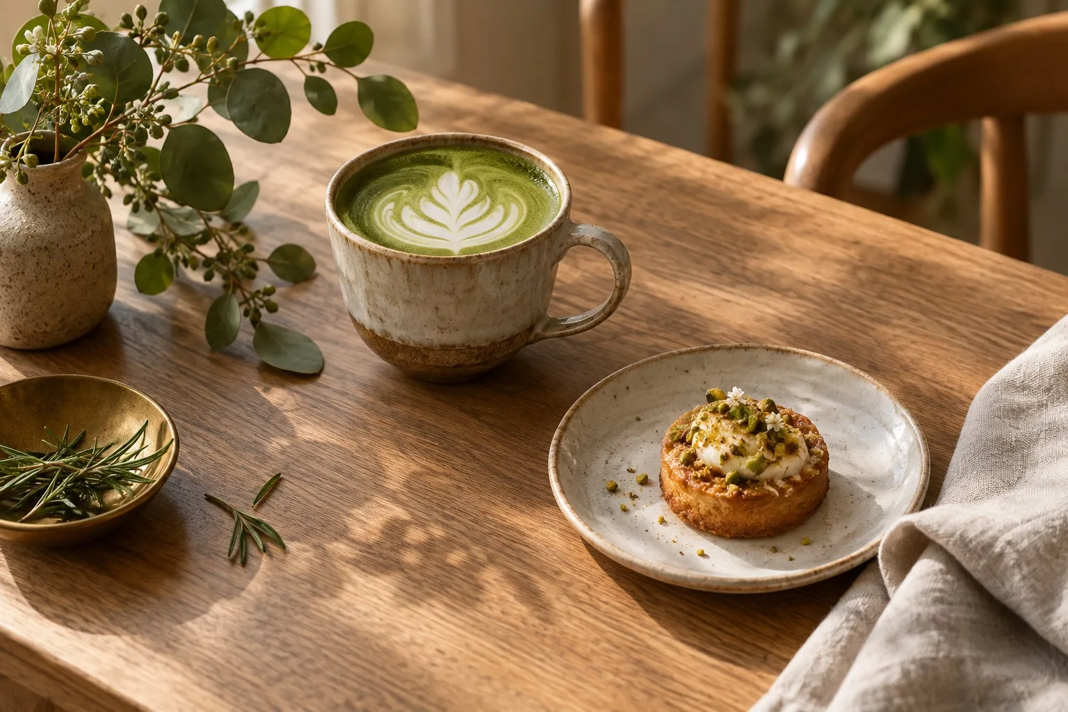 Matcha and a small pastry on a warm wooden café table