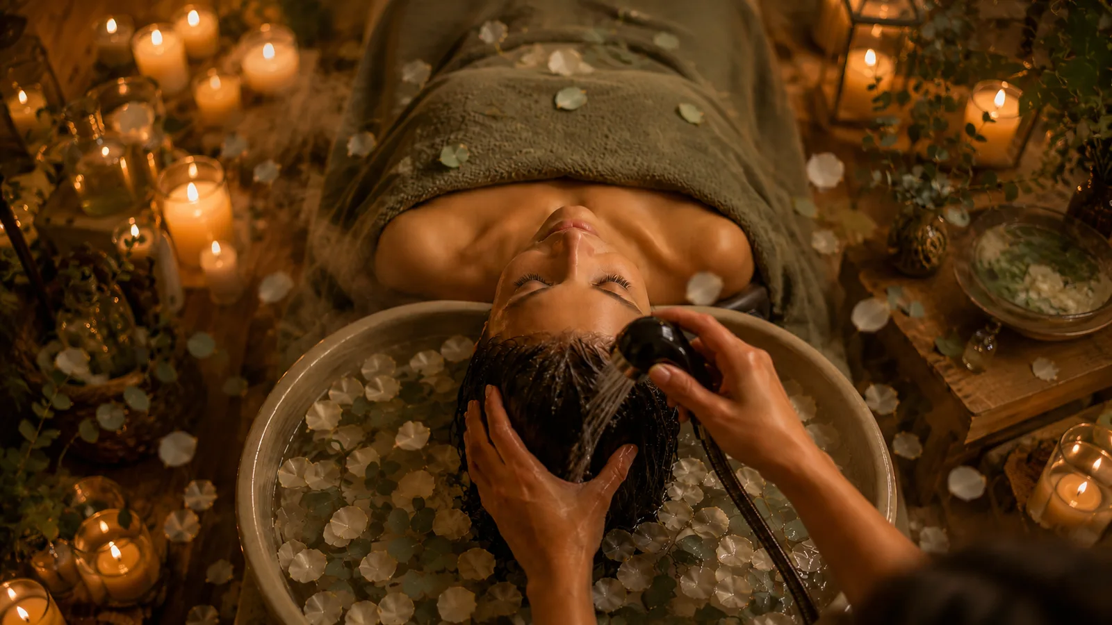 Warm water and considered touch in a candlelit head-spa ritual